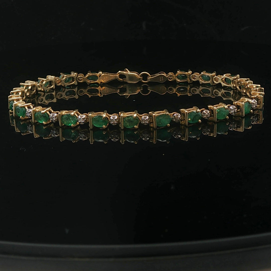 14k Yellow Gold Emerald and Diamond Ladies Link Bracelet 7"
