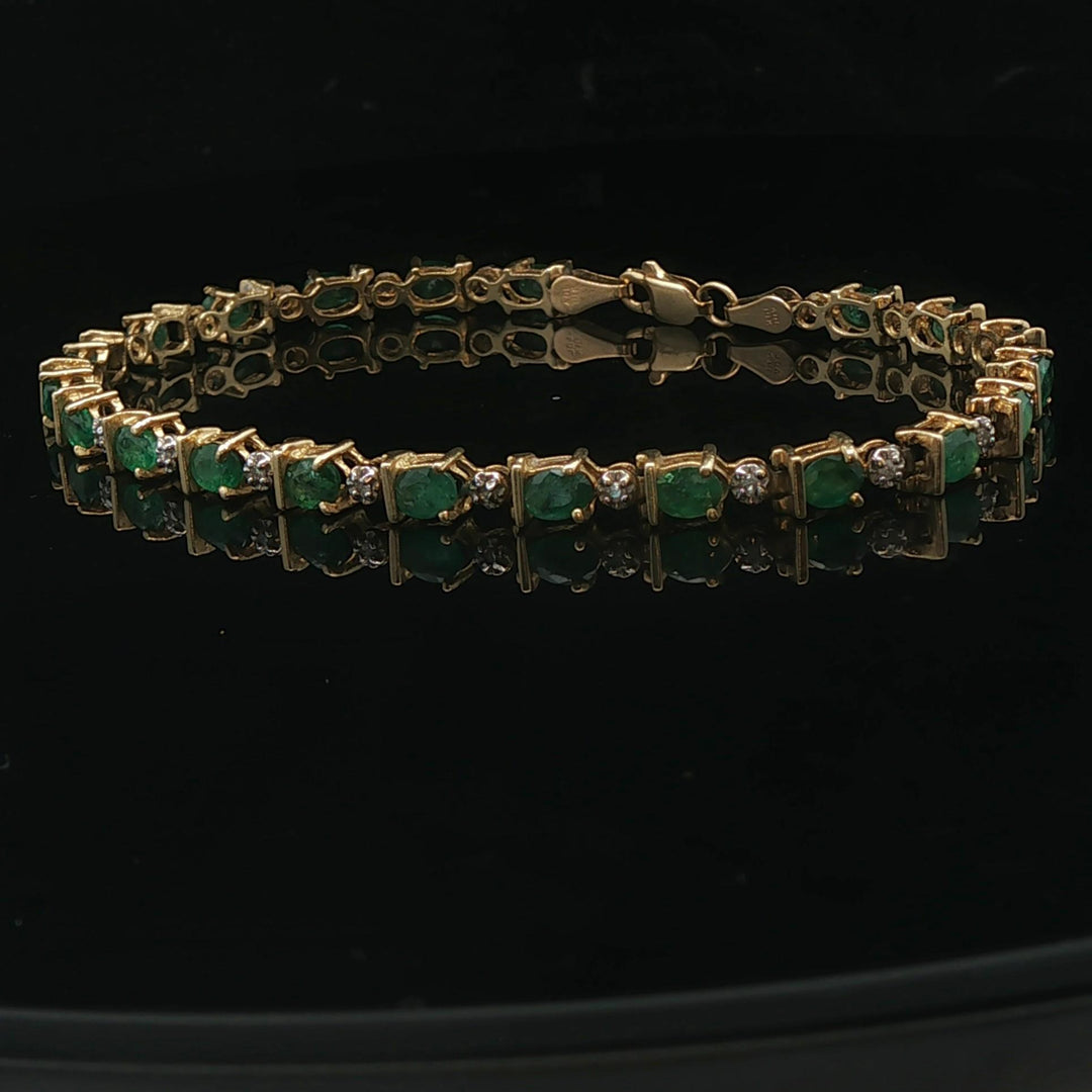 14k Yellow Gold Emerald and Diamond Ladies Link Bracelet 7"