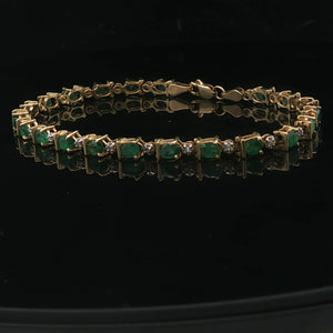 14k Yellow Gold Emerald and Diamond Ladies Link Bracelet 7"