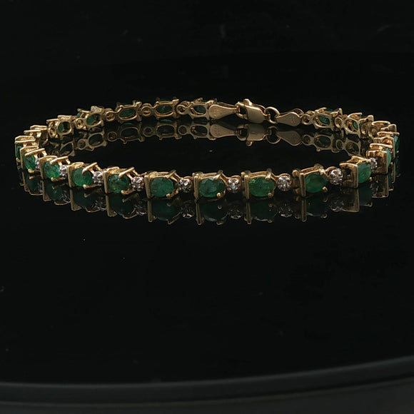 14k Yellow Gold Emerald and Diamond Ladies Link Bracelet 7