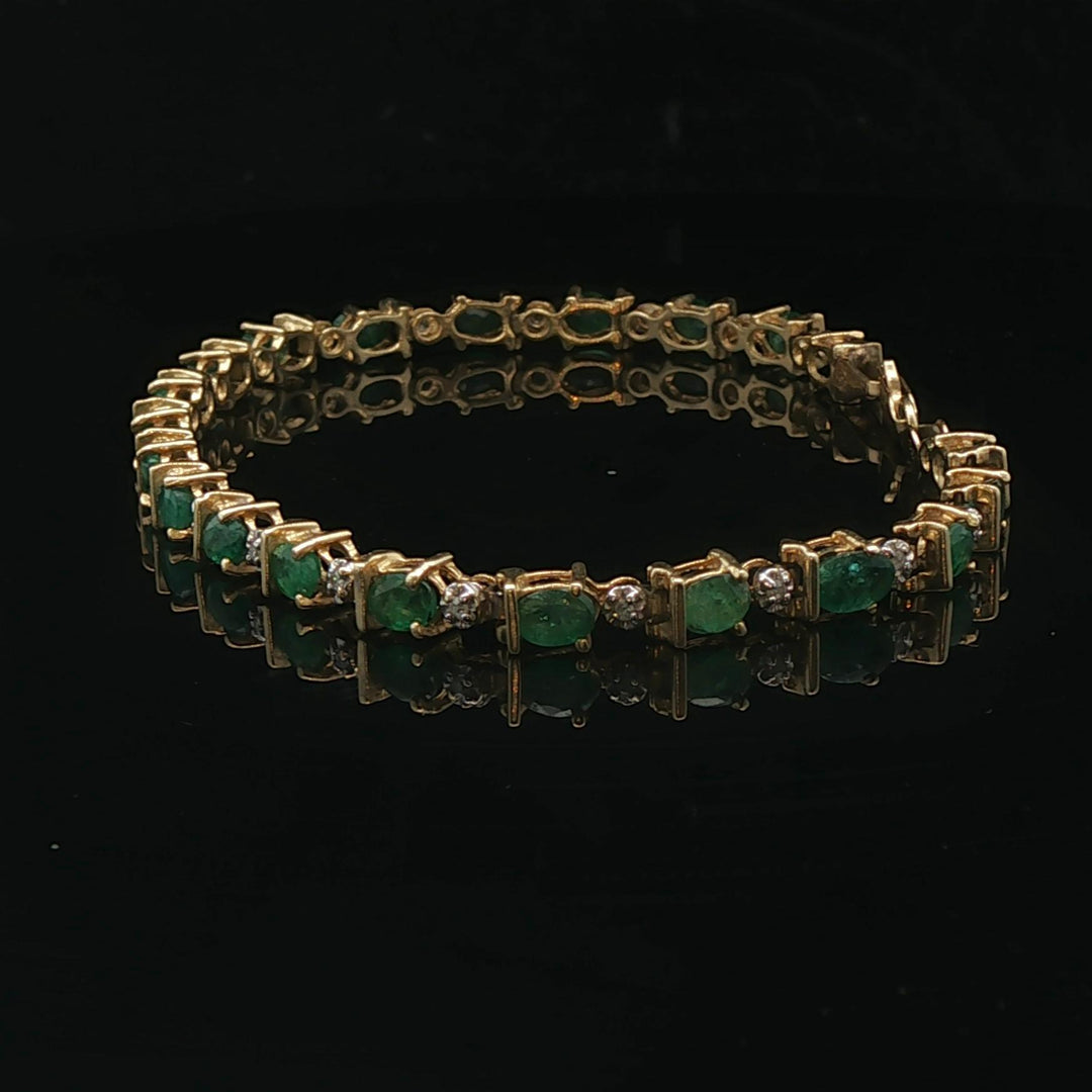 14k Yellow Gold Emerald and Diamond Ladies Link Bracelet 7"