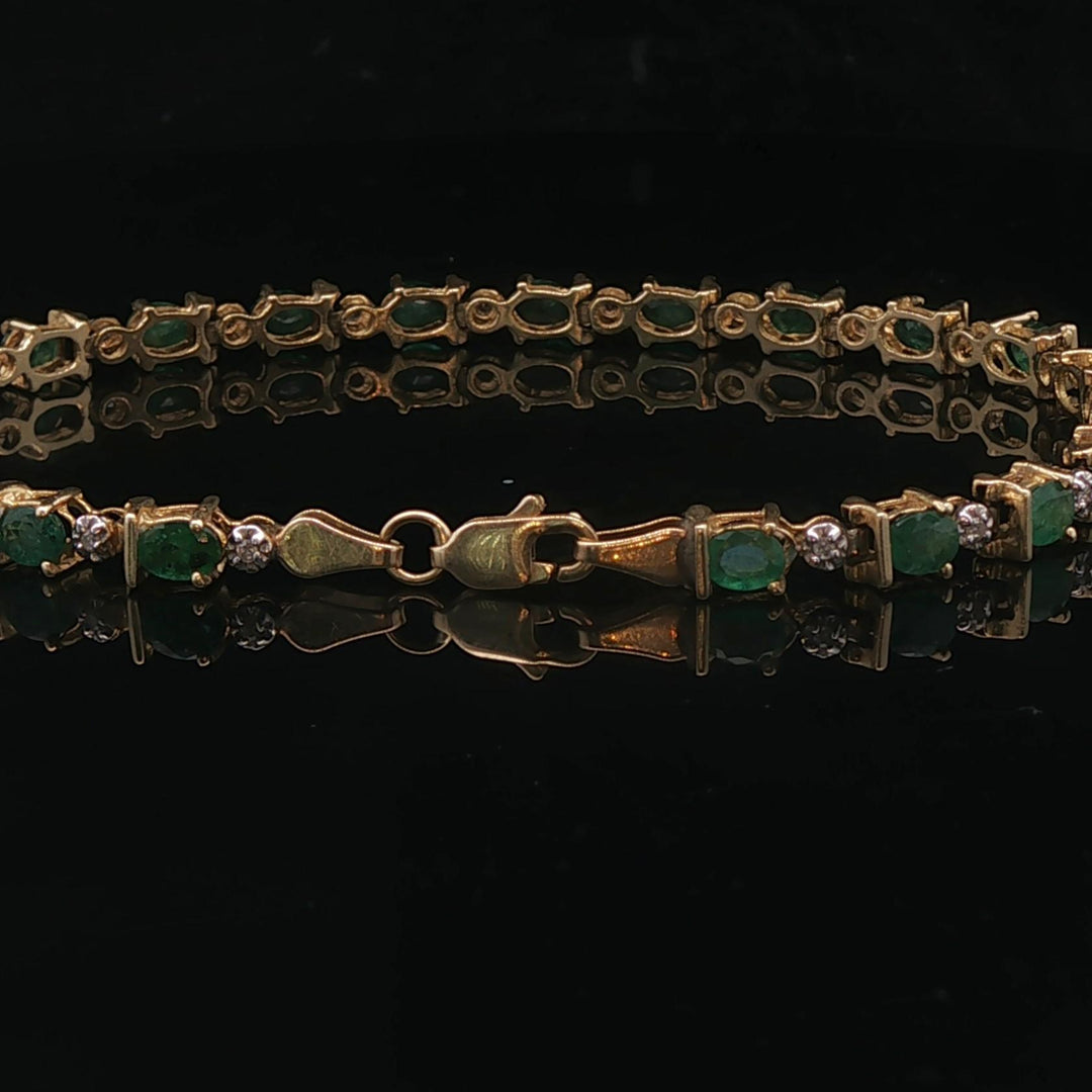 14k Yellow Gold Emerald and Diamond Ladies Link Bracelet 7"