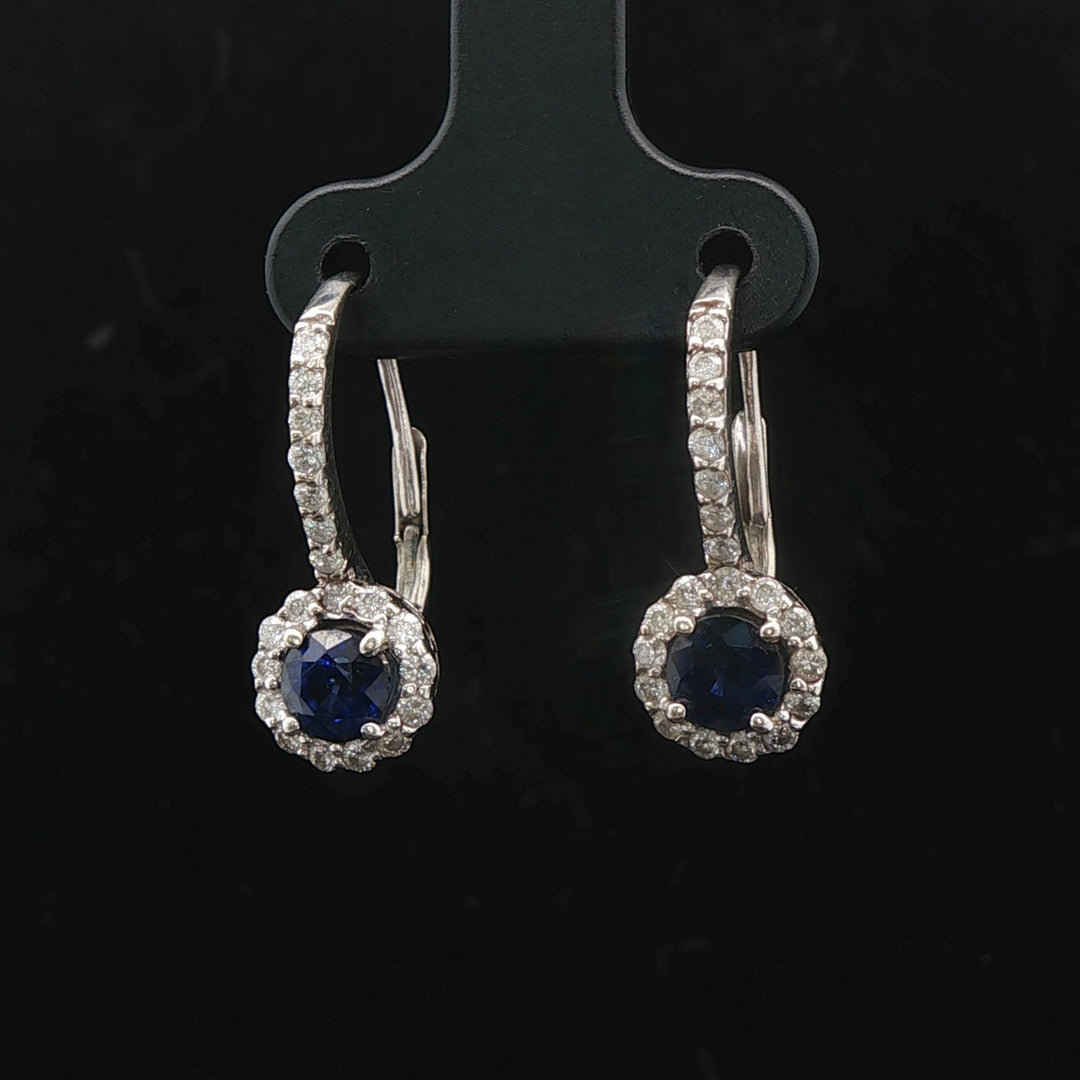 14k White Gold Blue Sapphire and 0.45cttw Vintage Lever Back Drop Earrings