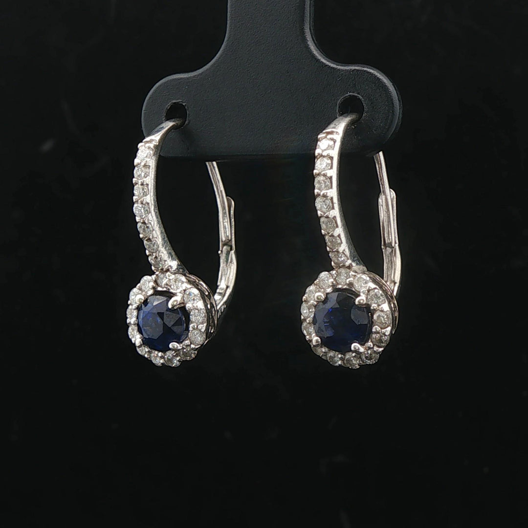 14k White Gold Blue Sapphire and 0.45cttw Vintage Lever Back Drop Earrings