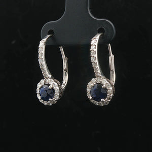 14k White Gold Blue Sapphire and 0.45cttw Vintage Lever Back Drop Earrings
