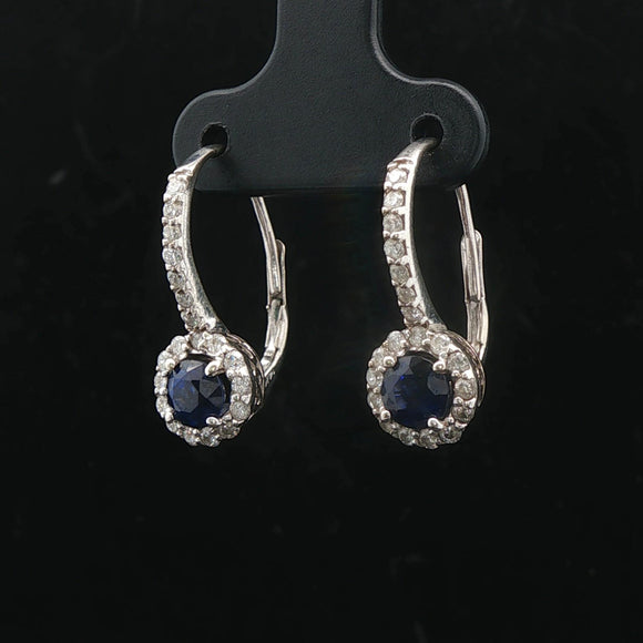 14k White Gold Blue Sapphire and 0.45cttw Vintage Lever Back Drop Earrings