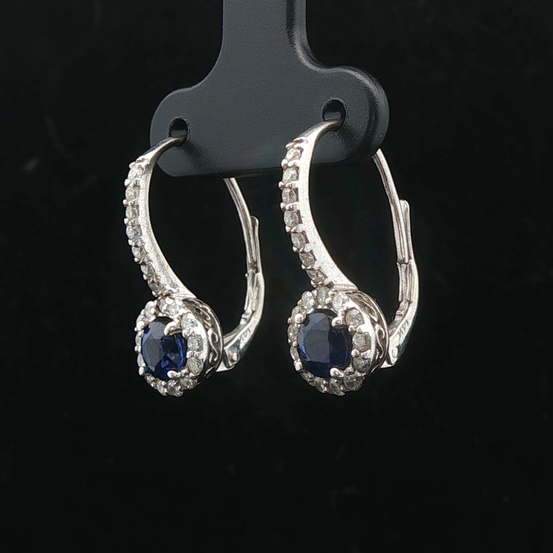 14k White Gold Blue Sapphire and 0.45cttw Vintage Lever Back Drop Earrings