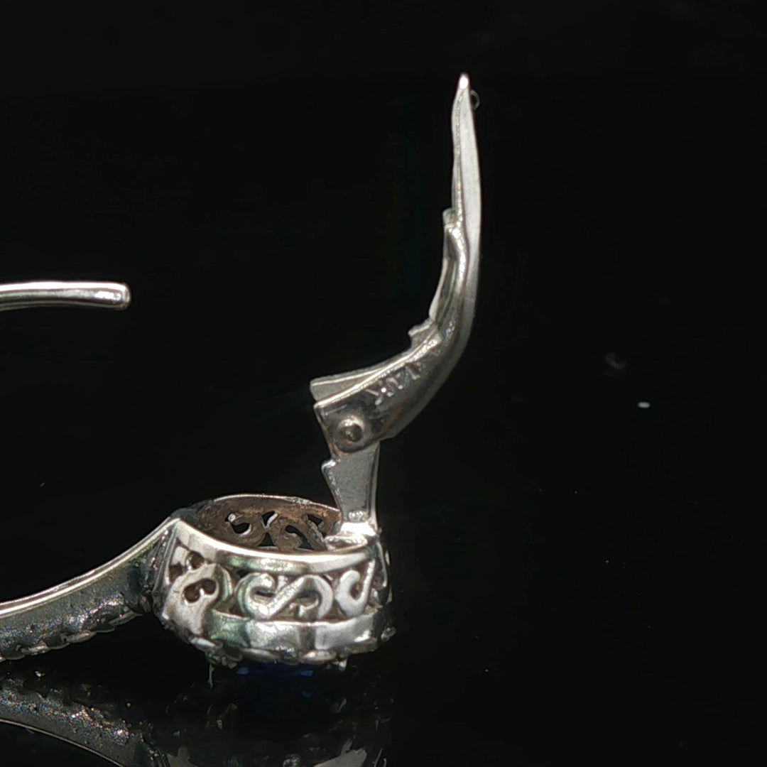 14k White Gold Blue Sapphire and 0.45cttw Vintage Lever Back Drop Earrings