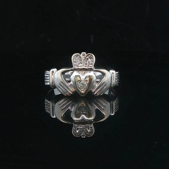 14k White Gold and Diamond 5.8g Claddagh Ring Size 12