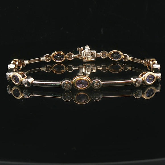 14k Yellow and White Gold Bezel Set Tanzanite and Diamond Bar Link Bracelet 7