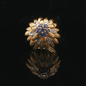 18k Yellow and White Gold Sapphire and Diamond Vintage Floral Ring Size 4.25