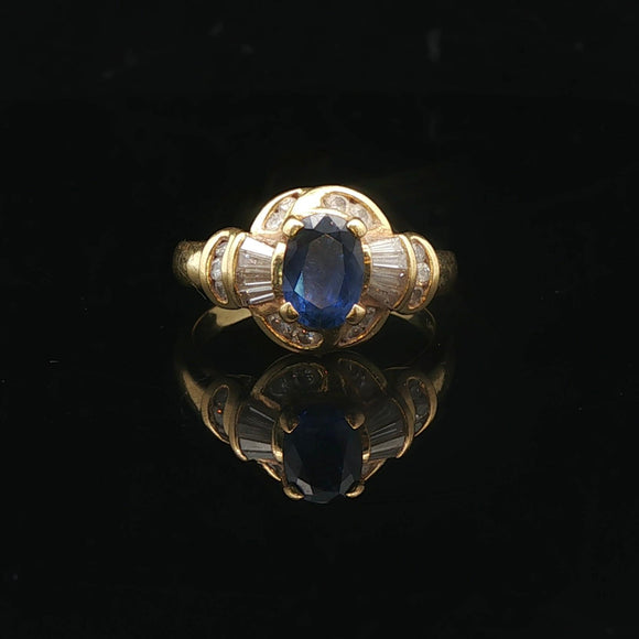 18k Yellow Gold Blue Sapphire and 0.75cttw Diamond Ladies Ring Size 6