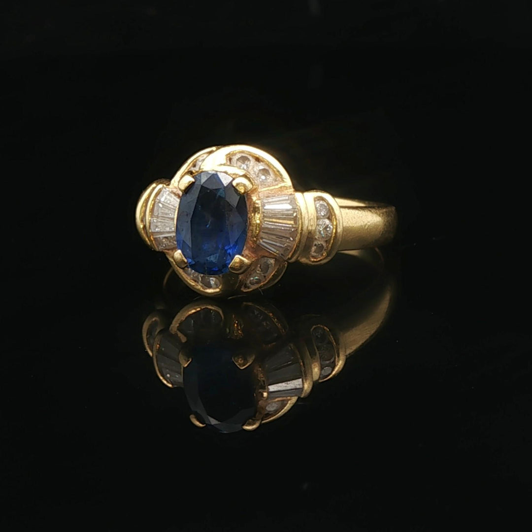 18k Yellow Gold Blue Sapphire and 0.75cttw Diamond Ladies Ring Size 6