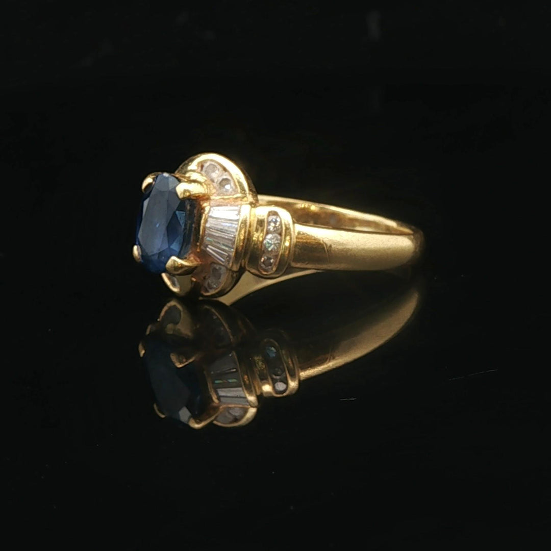 18k Yellow Gold Blue Sapphire and 0.75cttw Diamond Ladies Ring Size 6