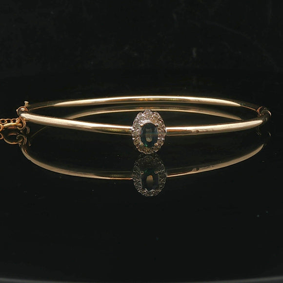 14k Yellow Gold Blue Sapphire and Diamond Halo Bangle Bracelet 6.75