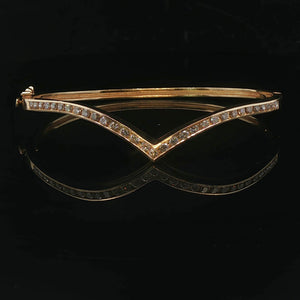 14k Yellow Gold and 1cttw Diamond Solid V Bangle Bracelet 6.5"