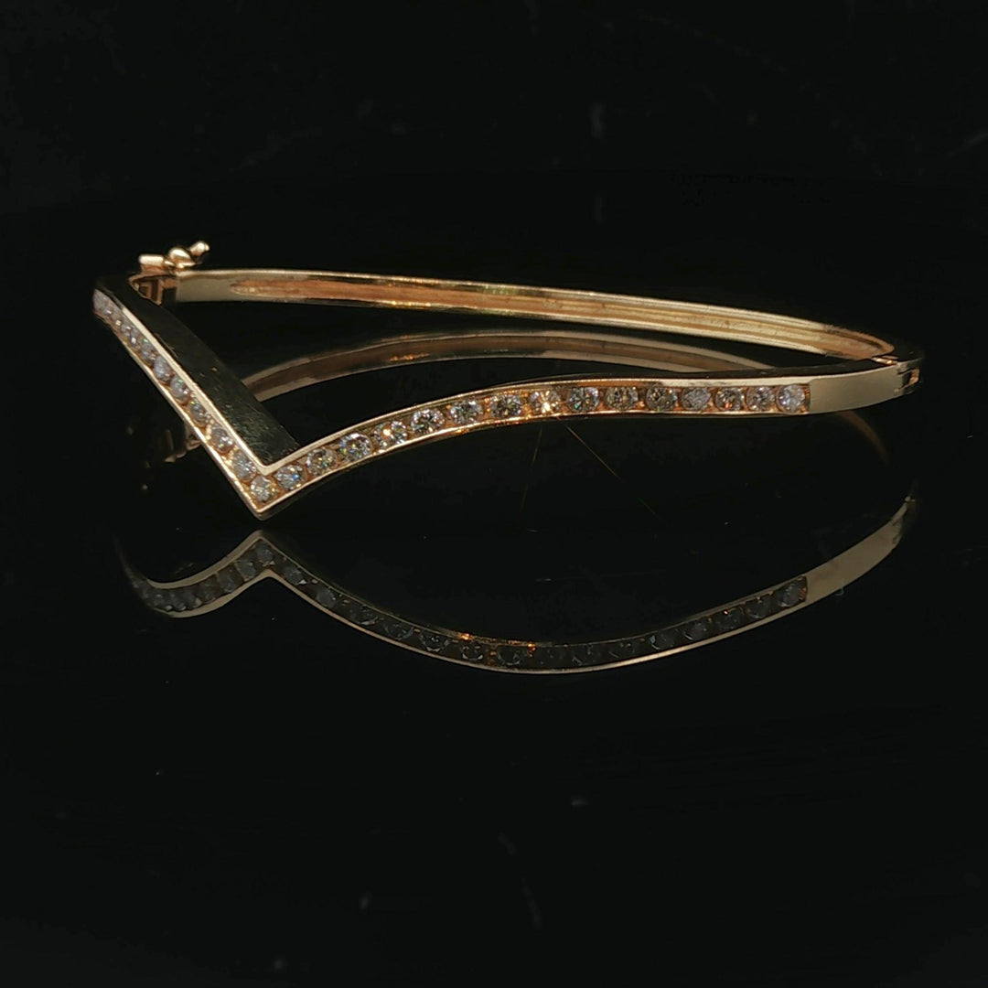 14k Yellow Gold and 1cttw Diamond Solid V Bangle Bracelet 6.5"