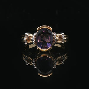 14k Yellow and White Gold Amethyst and Diamond Ladies Ring Size 8