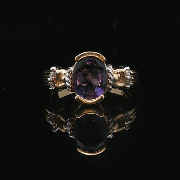 14k Yellow and White Gold Amethyst and Diamond Ladies Ring Size 8