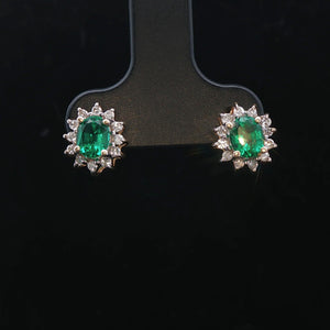 14k Yellow Gold Emerald and Diamond Halo Stud Earrings