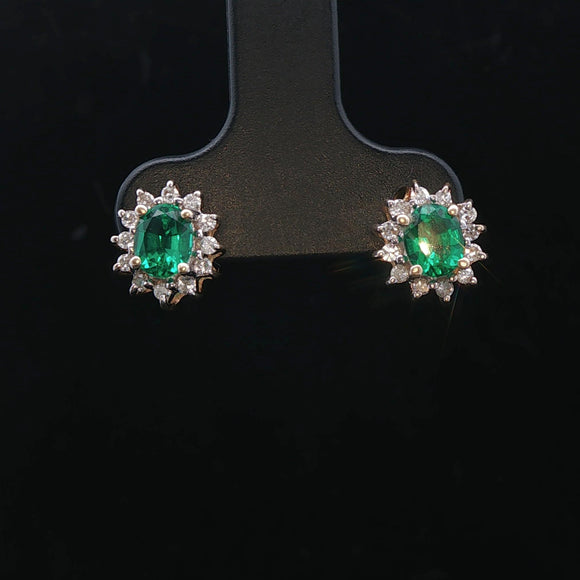 14k Yellow Gold Emerald and Diamond Halo Stud Earrings
