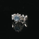 14k White Gold Aquamarine and Diamond Halo Zig Zag Band Ring Size 5.5