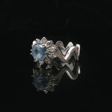 14k White Gold Aquamarine and Diamond Halo Zig Zag Band Ring Size 5.5