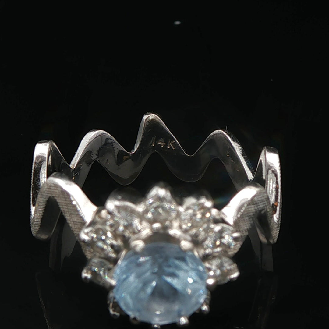 14k White Gold Aquamarine and Diamond Halo Zig Zag Band Ring Size 5.5