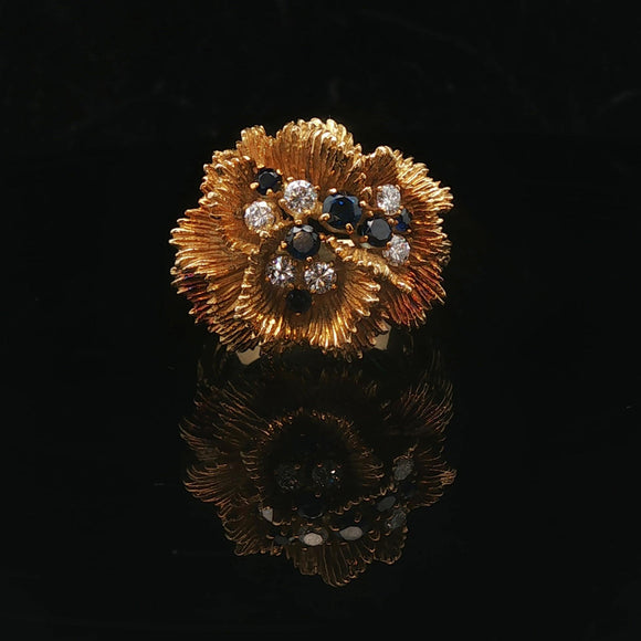 18k Yellow Gold Sapphire and Diamond Heavy Vintage Floral Ring Size 7