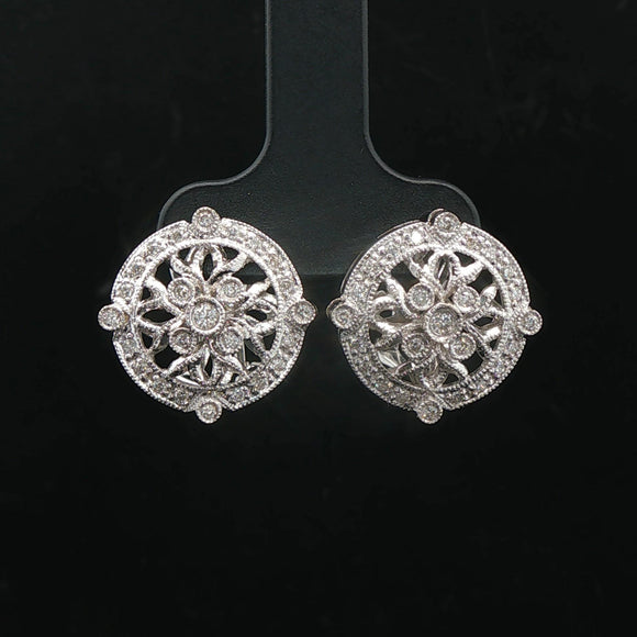 18k White Gold and 0.42cttw Diamond Vintage Filigree Stud Earrings