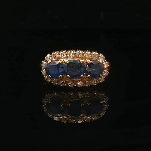 18k Yellow Gold Three Stone Blue Sapphire and Diamond Halo Ring Size 6.75