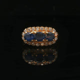 18k Yellow Gold Three Stone Blue Sapphire and Diamond Halo Ring Size 6.75