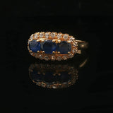 18k Yellow Gold Three Stone Blue Sapphire and Diamond Halo Ring Size 6.75