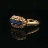 18k Yellow Gold Three Stone Blue Sapphire and Diamond Halo Ring Size 6.75