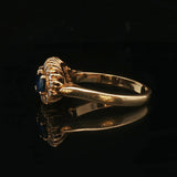 18k Yellow Gold Three Stone Blue Sapphire and Diamond Halo Ring Size 6.75