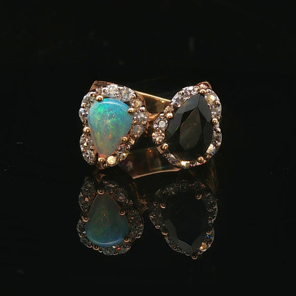 14k Yellow Gold Opal Green Tourmaline and Diamond Vintage Bypass Ring Size 6.5