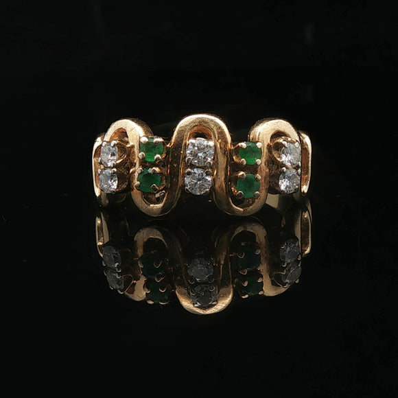 14k Yellow Gold Emerald and Diamond Curved Band Ring Size 6.75