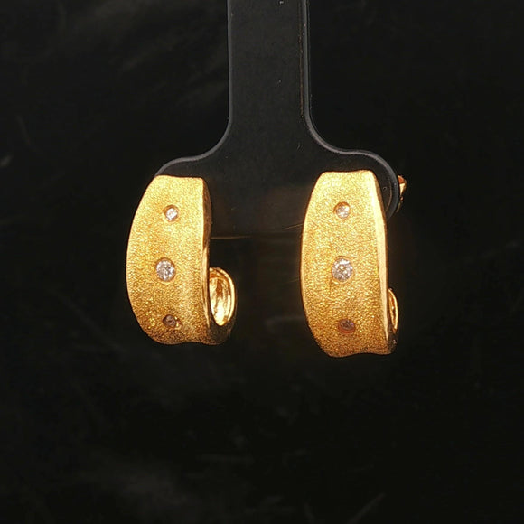 24k Pure Yellow Gold and Diamond 7.4g Solid Brushed Textured Huggie Earrings