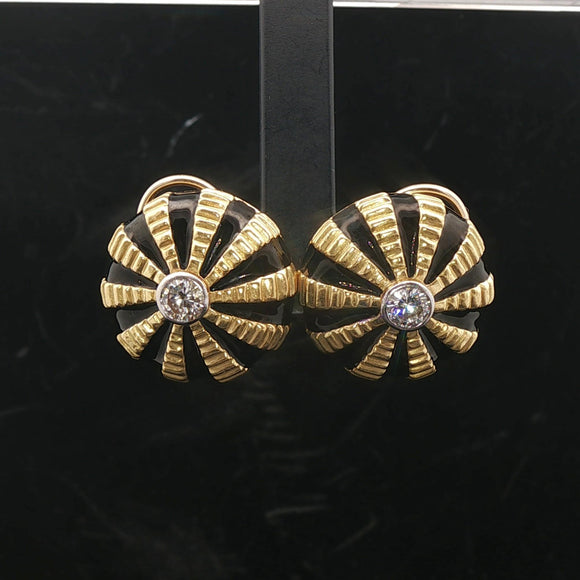 18k Yellow Gold Black Enamel and 0.60cttw Diamond Heavy Button Stud Earrings