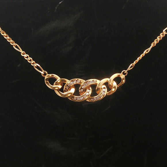 18k Yellow Gold and Diamond Figaro Chain and Curb Link Pendant Necklace 16
