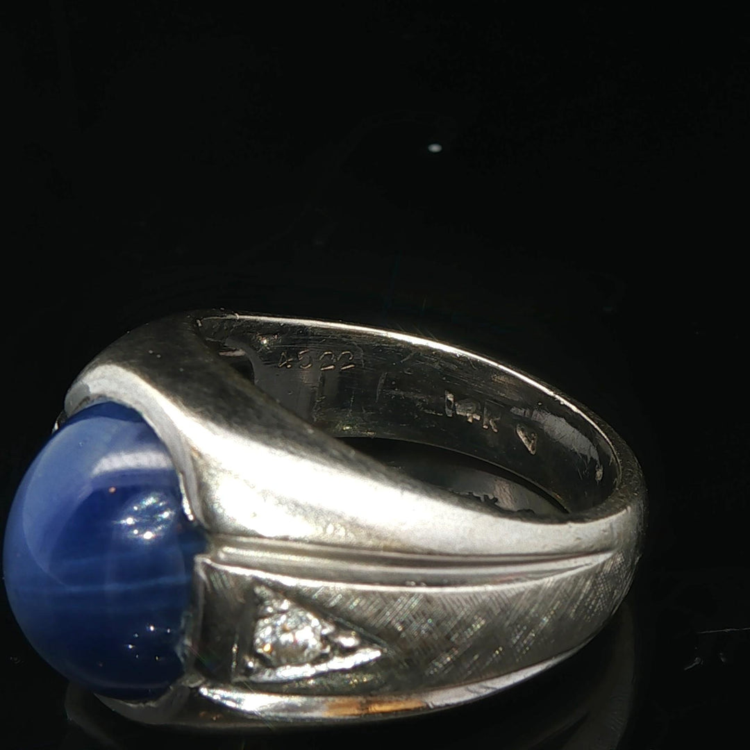 14k White Gold Blue Star Sapphire and Diamond Ring Size 6.5
