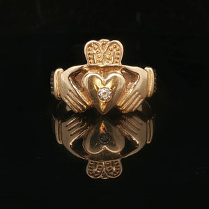 14k Yellow Gold and 0.07ct Diamond Solid Claddagh Ring Size 10