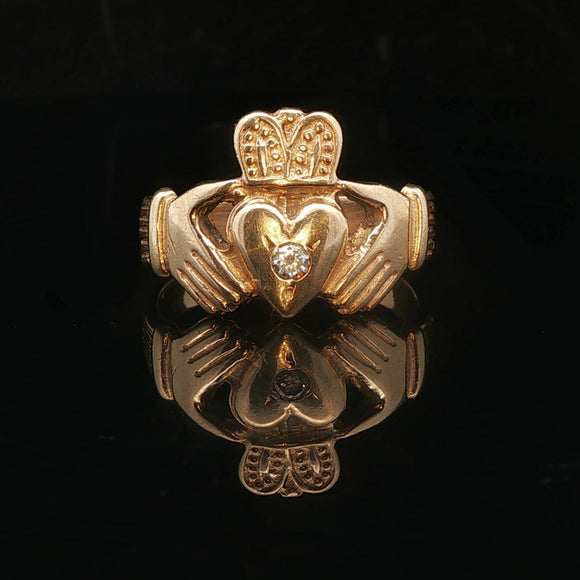 14k Yellow Gold and 0.07ct Diamond Solid Claddagh Ring Size 10