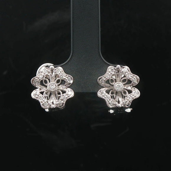 18k White Gold and 0.25cttw Diamond Vintage Filigree Floral Stud Earrings