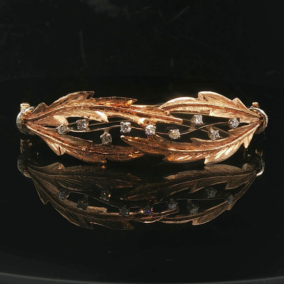 14k Yellow Gold and Diamond 21.3g Solid Vintage Floral Bangle Bracelet 7