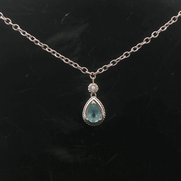 14k White Gold Aquamarine and Diamond 8.7g Ladies Pendant Necklace Italy 16