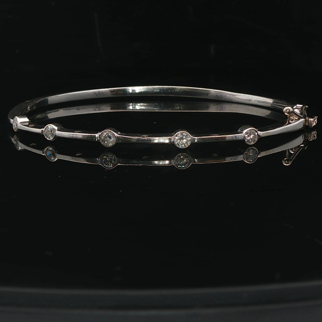 14k White Gold and Bezel Set Diamond Station Bangle Bracelet 7"