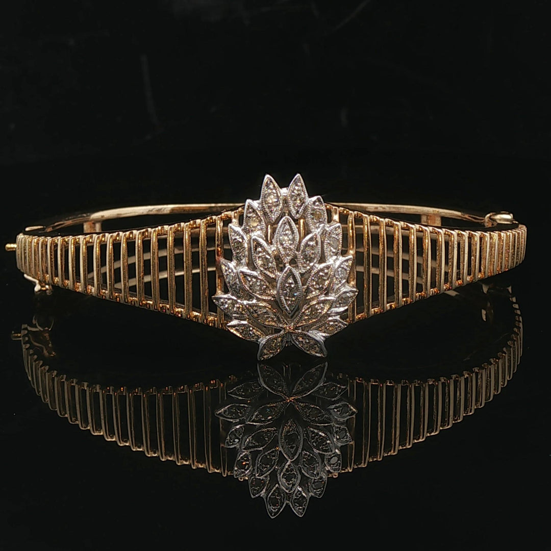 14k Yellow and White Gold Floral Diamond Motif Vintage Bangle Bracelet 6.5"