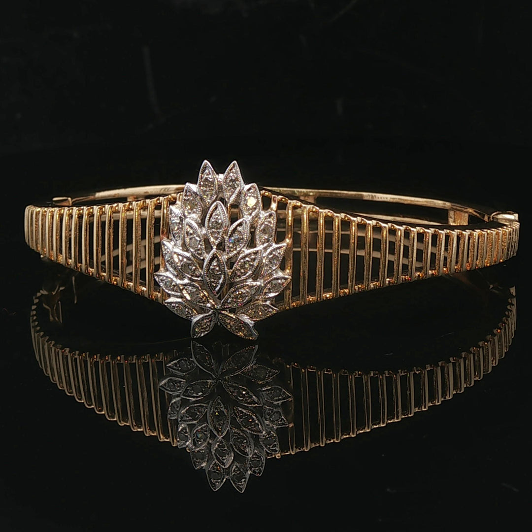 14k Yellow and White Gold Floral Diamond Motif Vintage Bangle Bracelet 6.5"