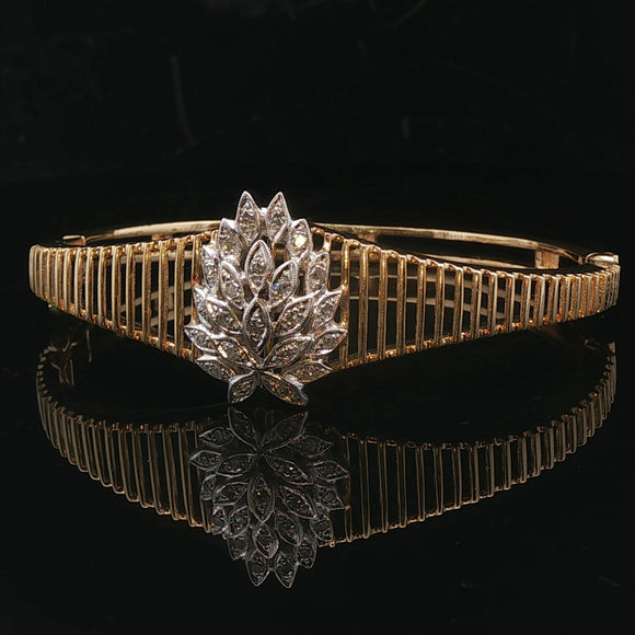 14k Yellow and White Gold Floral Diamond Motif Vintage Bangle Bracelet 6.5